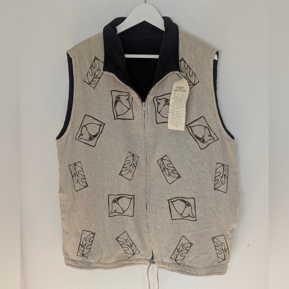 Asian Creations Women’s Sz M Fleece Lined Nut Reversible Linen Blend Kira Vest